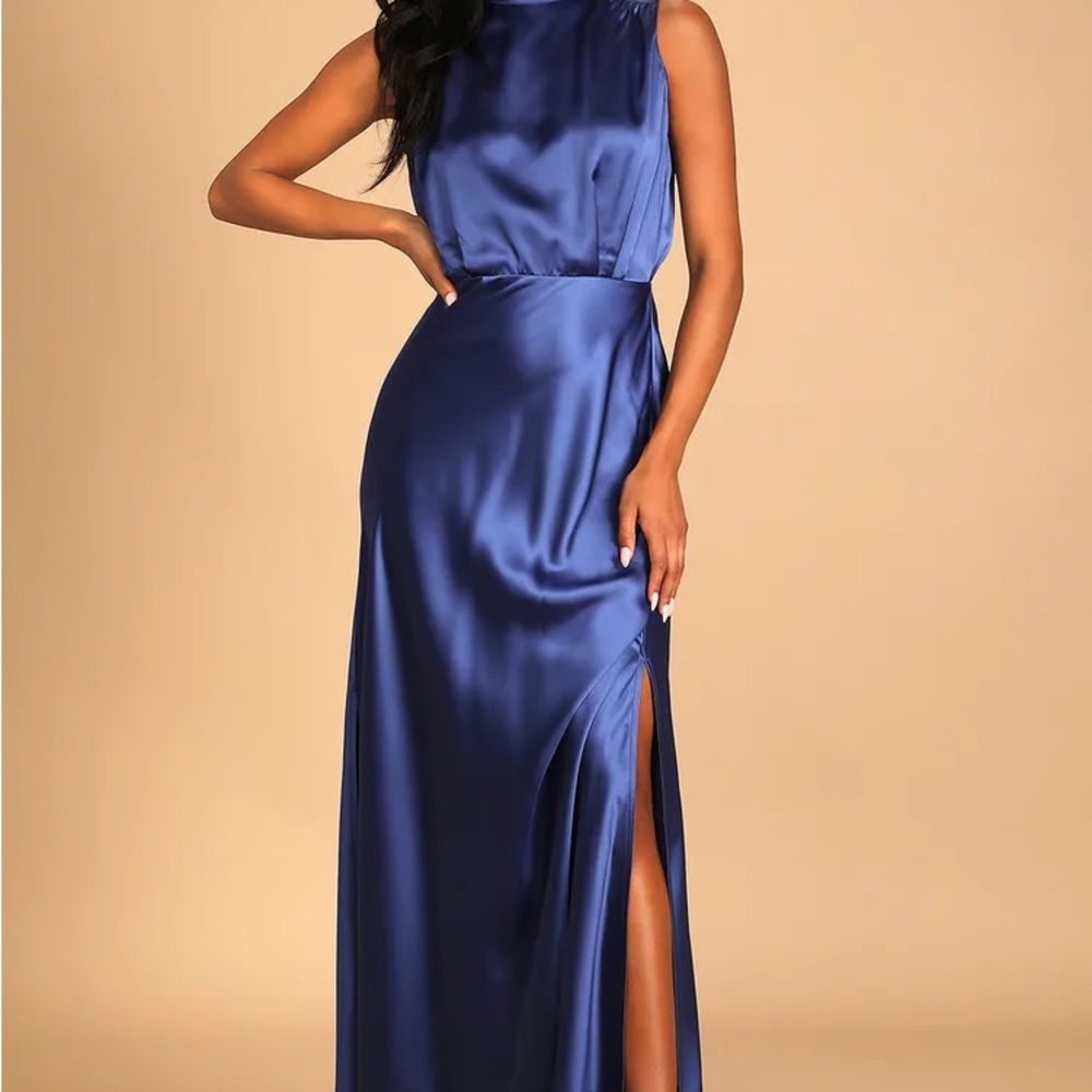 Lulu’s Classic Elegance Blue Satin Sleeveless Mock Neck Maxi Dress